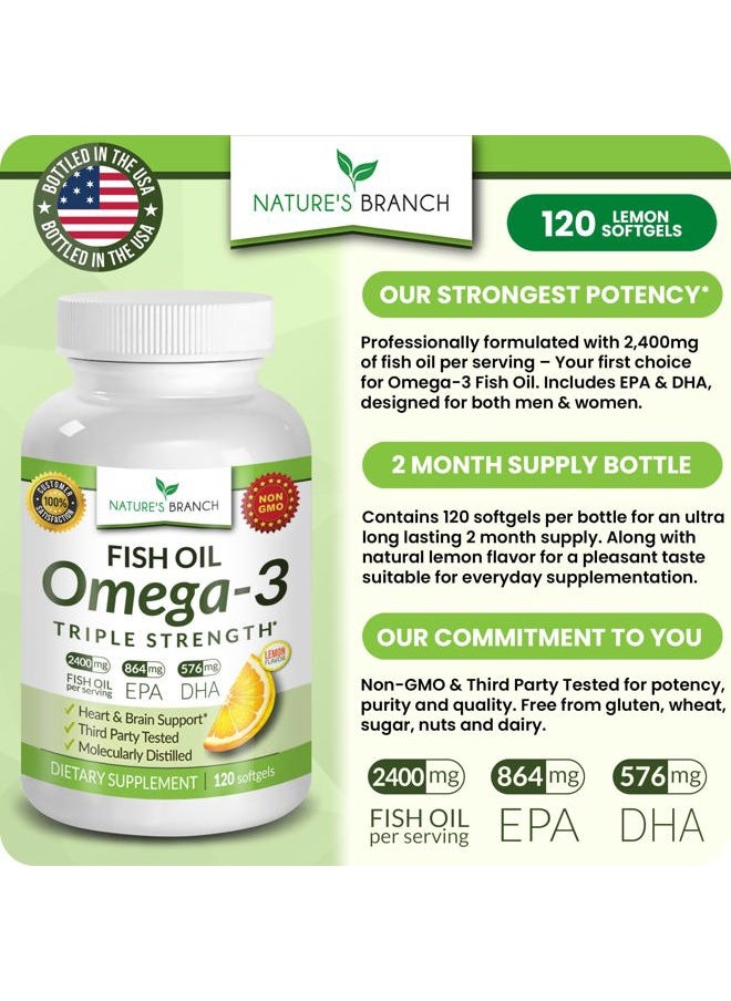 Nature's Branch - Best Triple Strength Omega 3 Fish Oil Pills 2400mg | 120 Capsules | Burpless High Potency Lemon Flavor | 864mg EPA 576mg DHA Ultra Pure Liquid Softgels | Brain Joints Eyes Hair Heart Health Supplement - Image 1