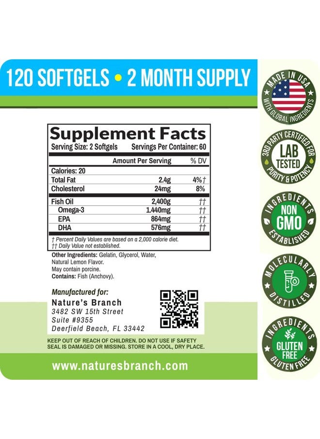 Nature's Branch - Best Triple Strength Omega 3 Fish Oil Pills 2400mg | 120 Capsules | Burpless High Potency Lemon Flavor | 864mg EPA 576mg DHA Ultra Pure Liquid Softgels | Brain Joints Eyes Hair Heart Health Supplement - Image 1