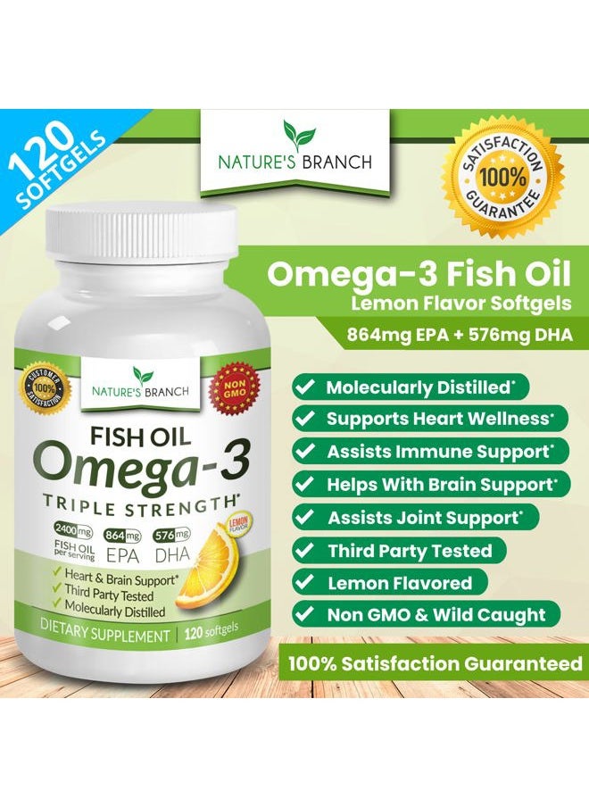 Nature's Branch - Best Triple Strength Omega 3 Fish Oil Pills 2400mg | 120 Capsules | Burpless High Potency Lemon Flavor | 864mg EPA 576mg DHA Ultra Pure Liquid Softgels | Brain Joints Eyes Hair Heart Health Supplement - Image 1