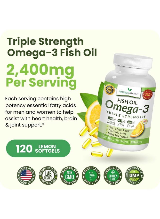 Nature's Branch - Best Triple Strength Omega 3 Fish Oil Pills 2400mg | 120 Capsules | Burpless High Potency Lemon Flavor | 864mg EPA 576mg DHA Ultra Pure Liquid Softgels | Brain Joints Eyes Hair Heart Health Supplement - Image 1