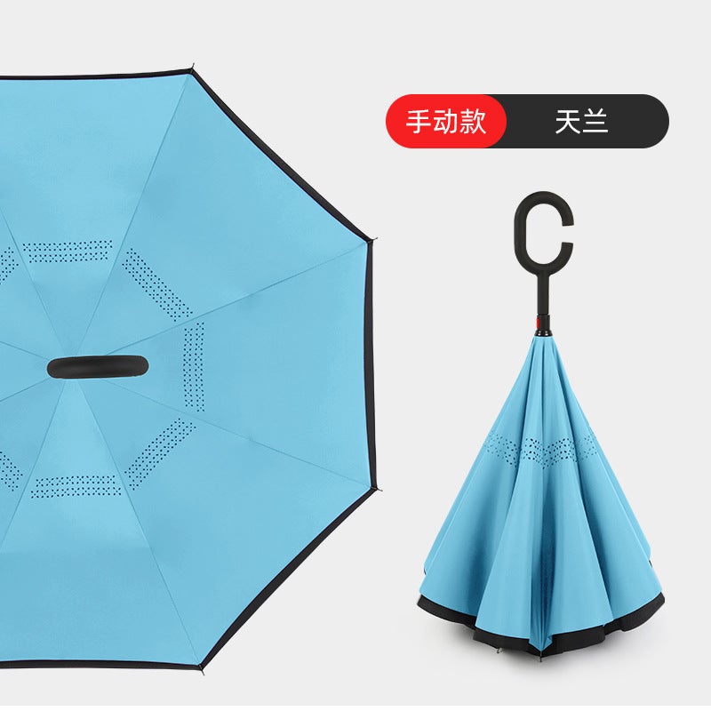 Hands-Free C-Handle Standable Reverse Umbrella Sky blue hand opening 