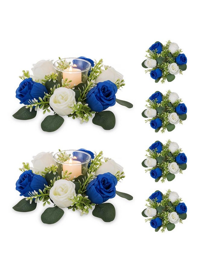 NUPTIO Small Candle Rings Wreaths - 6 Pcs 2.9 Inch Inner Diam Royal Blue & White Fake Roses Artificial Flowers Wedding Centerpieces For Tables Spring Summer Wreath For Front Door Weddings Party Decor - Image 1