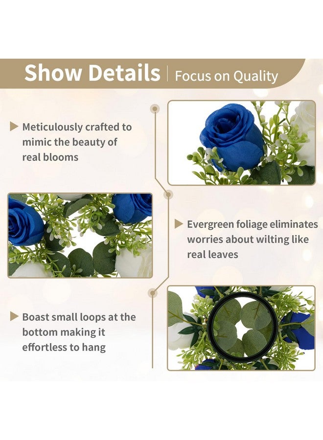 NUPTIO Small Candle Rings Wreaths - 6 Pcs 2.9 Inch Inner Diam Royal Blue & White Fake Roses Artificial Flowers Wedding Centerpieces For Tables Spring Summer Wreath For Front Door Weddings Party Decor - Image 5