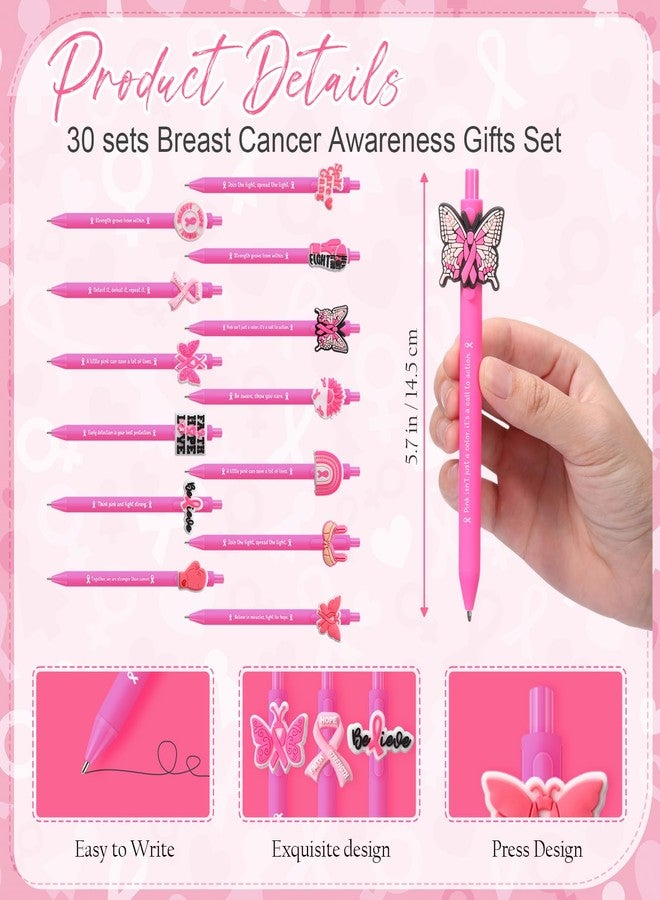 Resurhang 30 Sets Breast Cancer Awareness Pens Bulk Pink Ribbon Ballpoint Pens with Inspirational Card Pink Ribbon Breast Cancer Awareness Accessories for Public Events Charity Supplies - Image 2