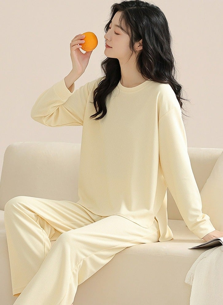 Loquat Women's Solid Color 2-Piece Set  Leisure Nightgown Sleepwear Round Neck Long Sleeve Top And Pants Soft Loungewear Pajamas Suit Pale Yellow 