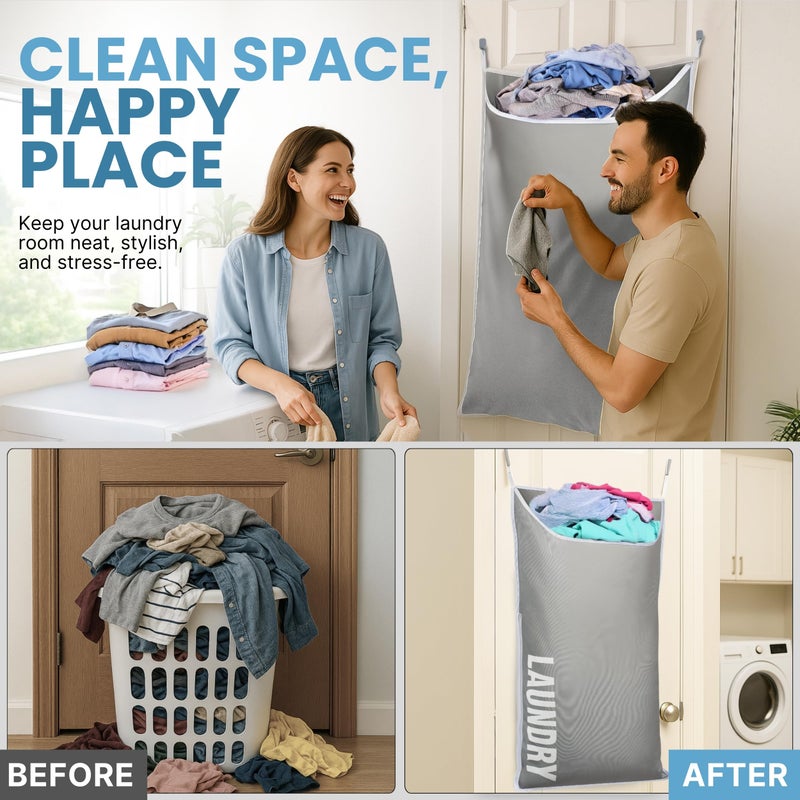 DONAQ Hanging Laundry Hamper Bag XL 40x22", Space Saving over the Door Storage Bags, Behind the Door Hampers for Dirty Clothes & Wall Mounted Basket for Bathroom, Organizer for Small Room Spaces RV - Image 4