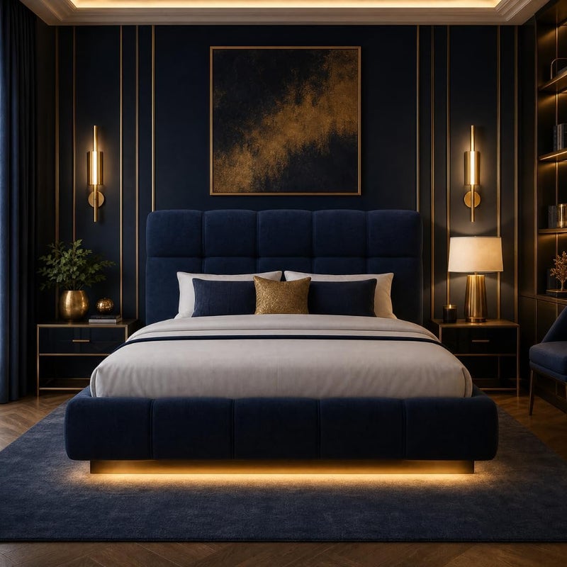 Modern Upholstered LED Floating Bed Frame with Tufted Headboard - Navy Blue, Twin Size with Spring Pillow Top Mattress - Image 1