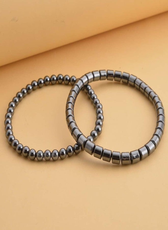 EDMIRIA 6mm Magnetic Hematite Natural Gemstone Metal Balancing Energy Therapy Adjustable Bracelets For Healing -Weight Managament - Bracelet for Men & Women (Design 5 - Pack of 2) - Image 3