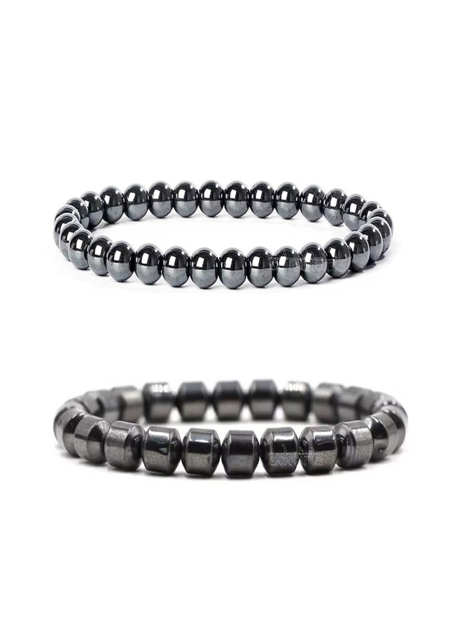 EDMIRIA 6mm Magnetic Hematite Natural Gemstone Metal Balancing Energy Therapy Adjustable Bracelets For Healing -Weight Managament - Bracelet for Men & Women (Design 5 - Pack of 2) - Image 1