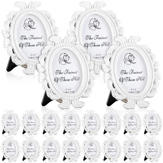 20 PIECES VINTAGE PICTURE ANTIQUE PHOTO FRAME BAROQUE PLACE CARD PHOTO HOLDER MINI PICTURE RESIN OVAL DISPLAY BEADED FRAME CHRISTMAS HOLIDAY DECORWHITE