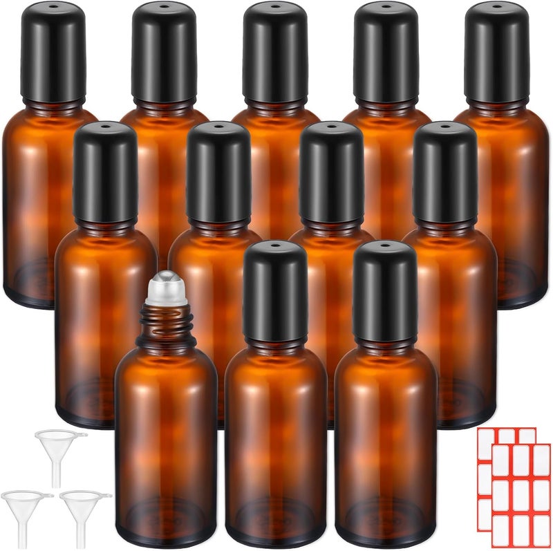 Sumind Sumind 12 Pcs 30ml Roller Glass Bottle Essential Oil with Stainless Steel Refillable Sample Container Brown Empty Roller Bottle Applicator with Funnel Sticker for Travel(Amber) 