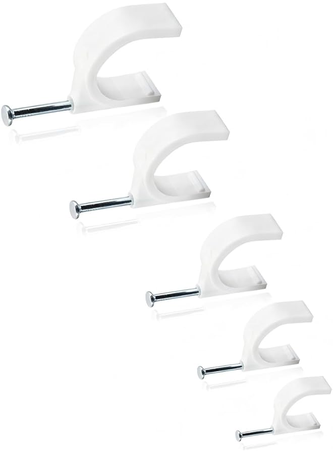 White Cable Clips with Steel Nails – 4 mm, 6 mm, 8 mm, 10 mm and 12 mm Sizes, 500-Pcs Wire Management Tacks(100 Pcs Per Specification)