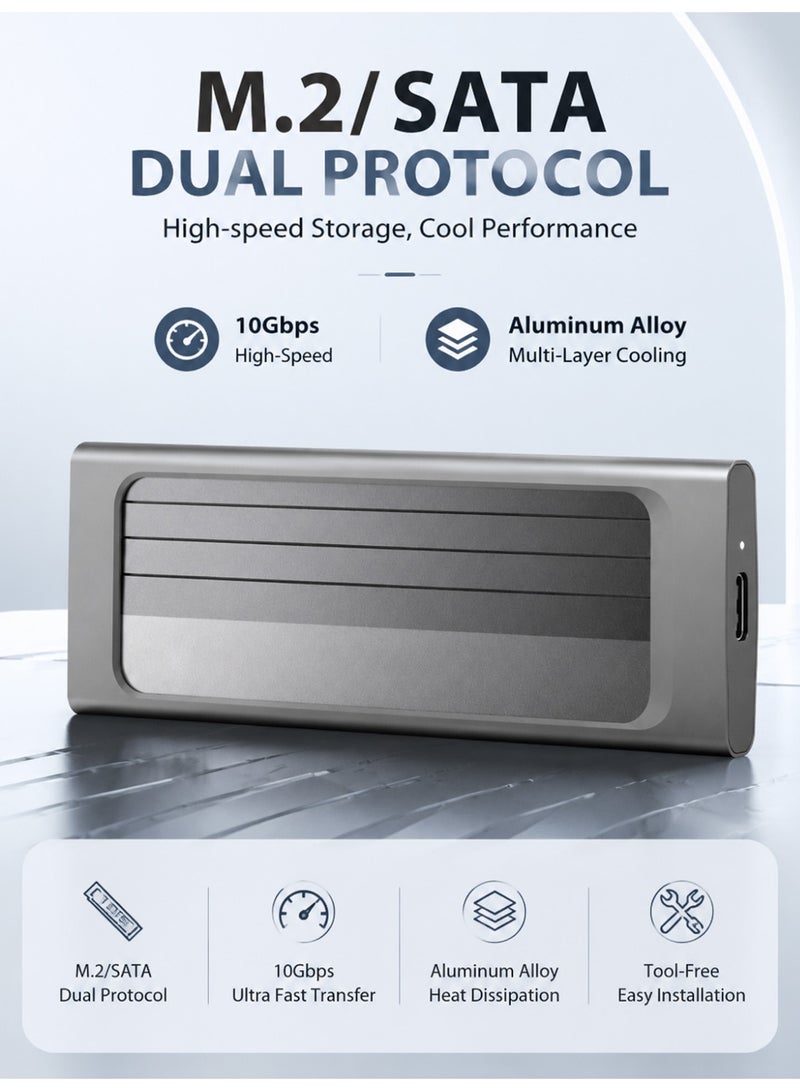 MOLEWHALE M.2 NVMe SATA SSD Enclosure USB 3.2, 10Gbps External Hard Drive Adapter for M-Key/B+M Key 2230-2280, Tool-Free Portable Case, Aluminum Finned Heatsink - Image 1