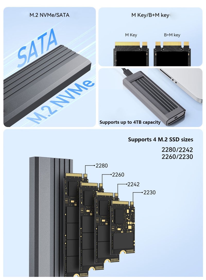 MOLEWHALE M.2 NVMe SATA SSD Enclosure USB 3.2, 10Gbps External Hard Drive Adapter for M-Key/B+M Key 2230-2280, Tool-Free Portable Case, Aluminum Finned Heatsink - Image 3