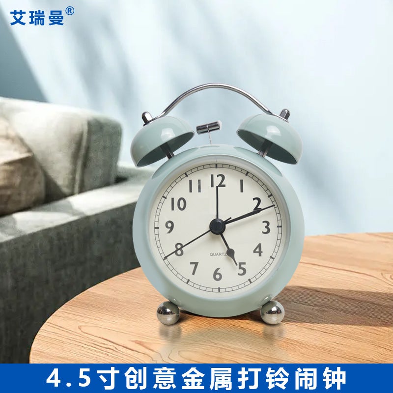 European-Style Retro Bell Alarm Clock Desktop Simple Mute Pointer Quartz Table Clock Metal Creative Student Night Light Clock - Image 2