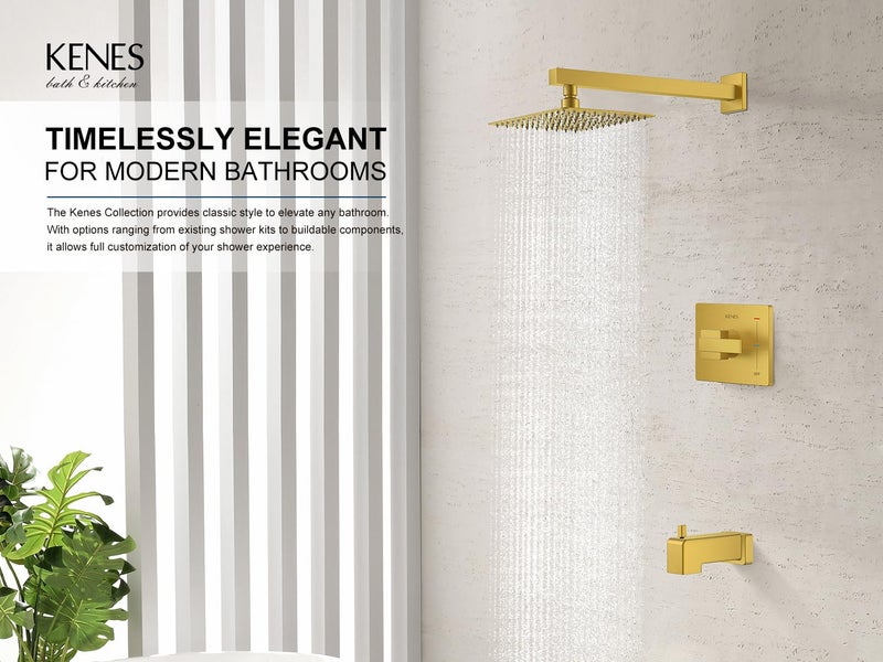 KENES Brushed Gold Tub and Shower Trim Kit, Square Tub Shower Faucet Set Complete with 10-Inch Rainfall Shower Head and Tub Spout, KE-6024A-4 (Shower Valve Included) - Image 2
