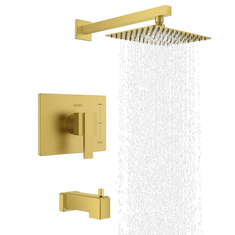 KENES Brushed Gold Tub and Shower Trim Kit, Square Tub Shower Faucet Set Complete with 10-Inch Rainfall Shower Head and Tub Spout, KE-6024A-4 (Shower Valve Included) - Image 1