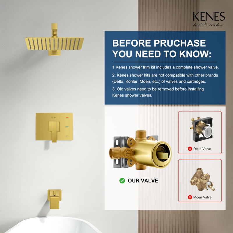 KENES Brushed Gold Tub and Shower Trim Kit, Square Tub Shower Faucet Set Complete with 10-Inch Rainfall Shower Head and Tub Spout, KE-6024A-4 (Shower Valve Included) - Image 3