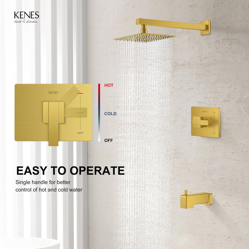 KENES Brushed Gold Tub and Shower Trim Kit, Square Tub Shower Faucet Set Complete with 10-Inch Rainfall Shower Head and Tub Spout, KE-6024A-4 (Shower Valve Included) - Image 4