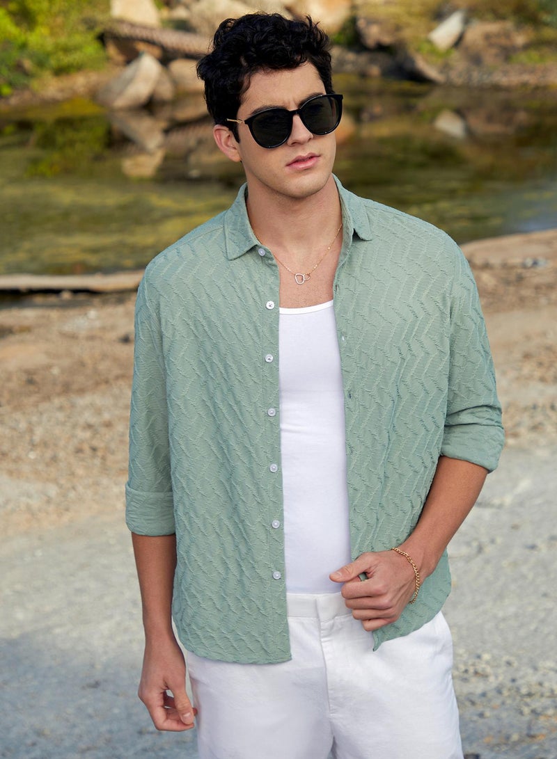 كامبوس سوترا Men's Mint Green Herringbone-Tactile Shirt  - Image 1