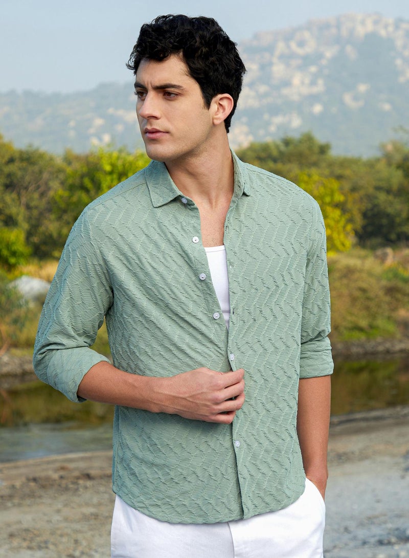 كامبوس سوترا Men's Mint Green Herringbone-Tactile Shirt  - Image 3