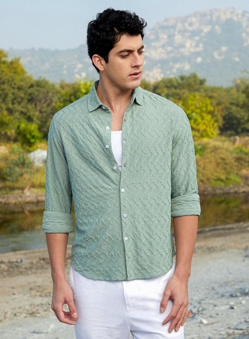 كامبوس سوترا Men's Mint Green Herringbone-Tactile Shirt  - Image 2