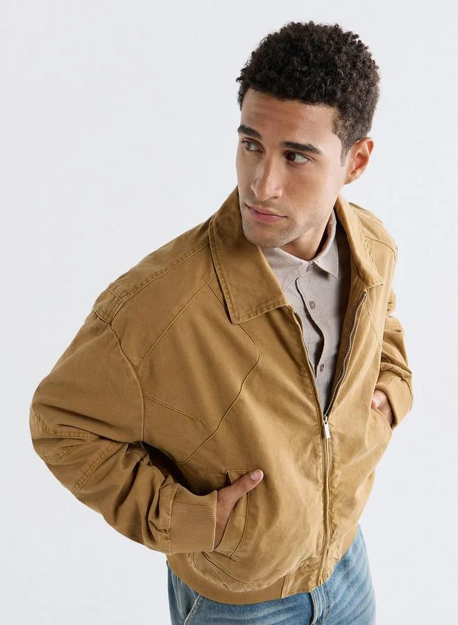 Solid Biker Jacket with Long Sleeves and Zip Closure