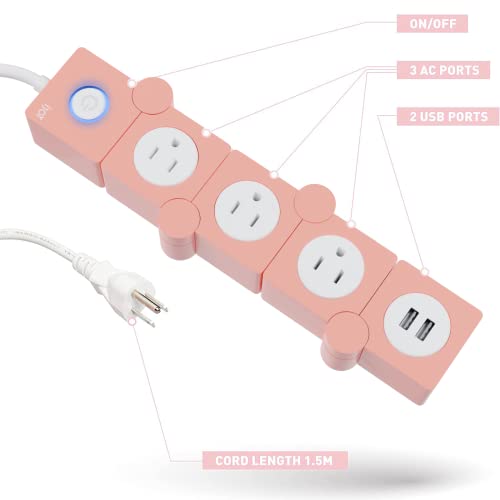 iJoy Flexible Power Strip - 3 AC Outlets and 2 USB Charging Ports with Pink Extension Cord, Power Strips with Surge Protection, Decorative Surge Protector Outlet Extender for Home, Office, and More - Image 2