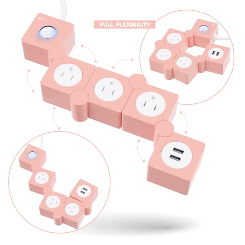 iJoy Flexible Power Strip - 3 AC Outlets and 2 USB Charging Ports with Pink Extension Cord, Power Strips with Surge Protection, Decorative Surge Protector Outlet Extender for Home, Office, and More - Image 3