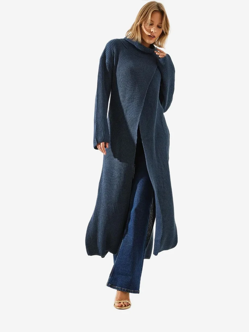 Bianco Lucci Mauve Purple LUCCI Textured Turtleneck Maxi Dress with Slit for Women | Best Price UAE