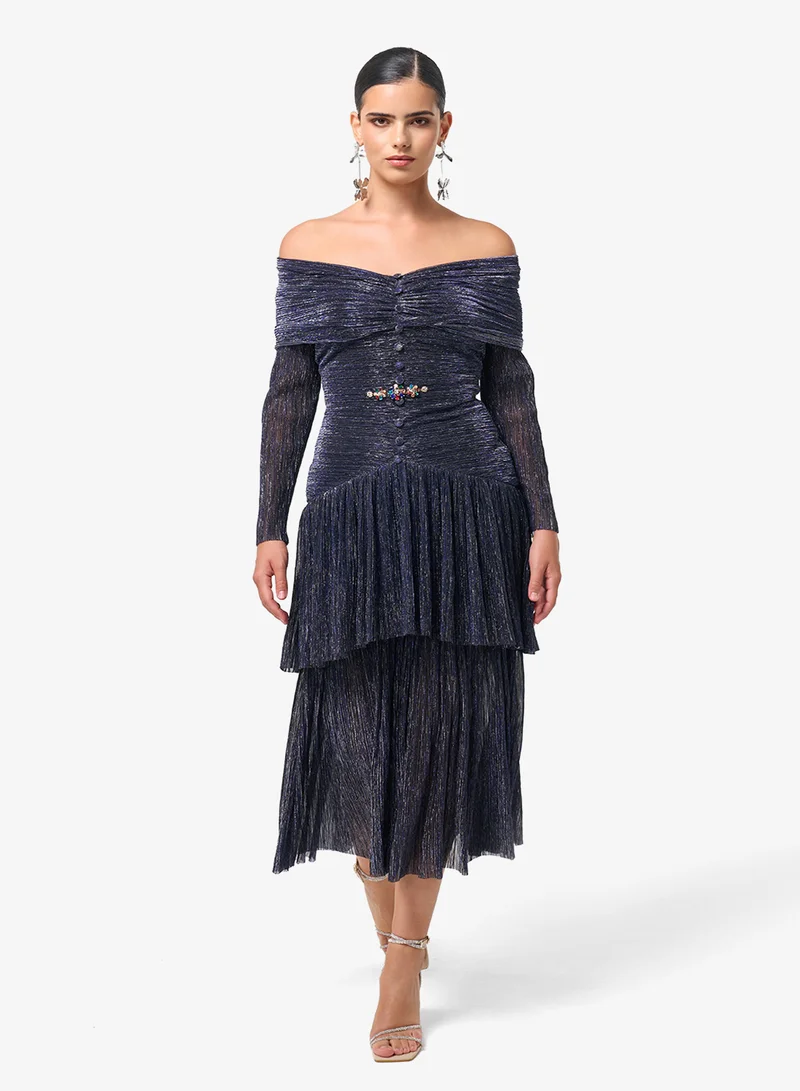 Threadz by Ajooni Long Sleeve Ruffle Sequin Maxi Dress