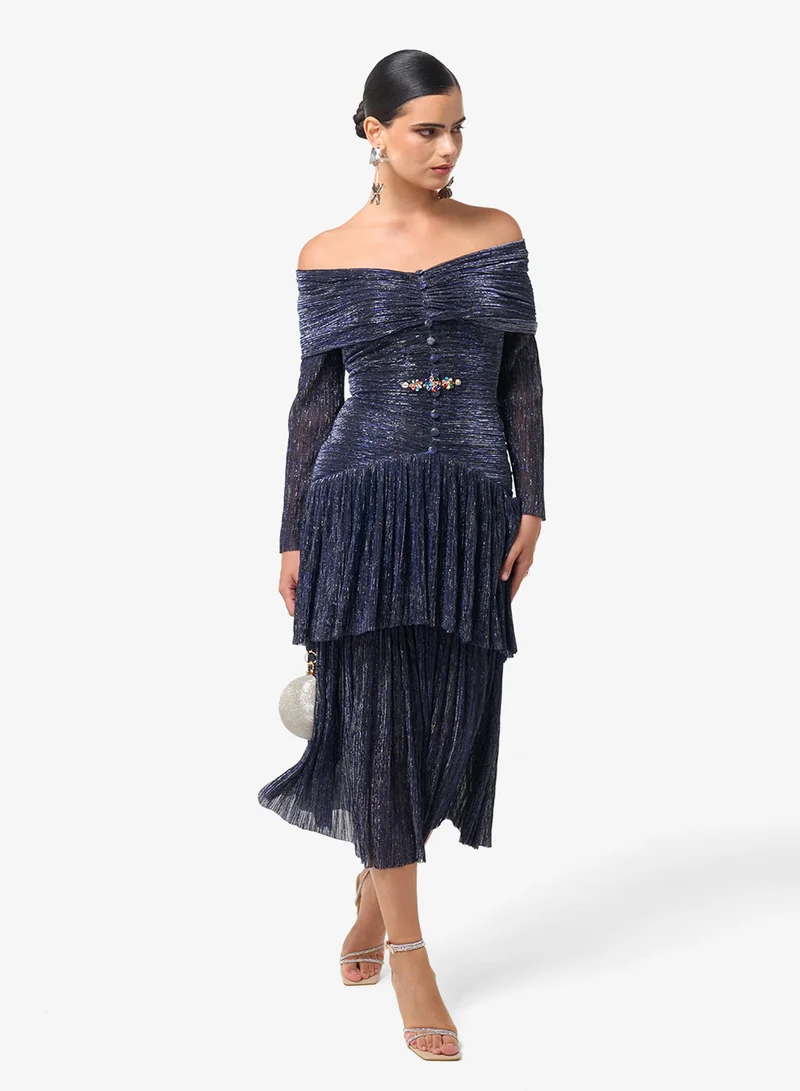 Threadz by Ajooni  Long Sleeve Ruffle Sequin Maxi Dress for Women | Best Price UAE