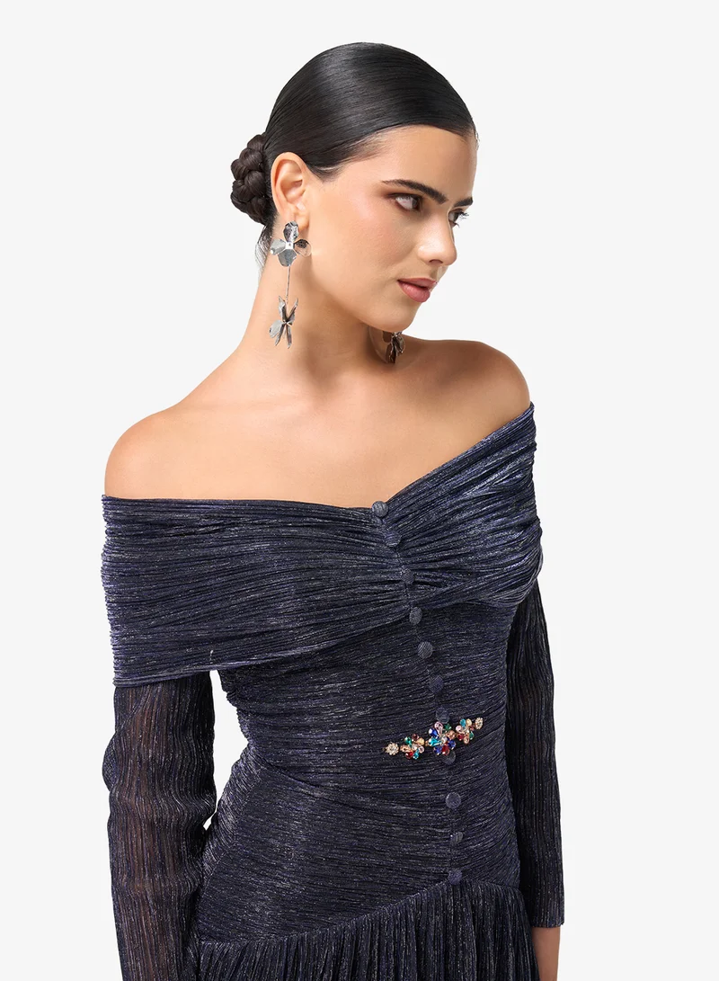 Threadz by Ajooni  Long Sleeve Ruffle Sequin Maxi Dress for Women | Best Price UAE