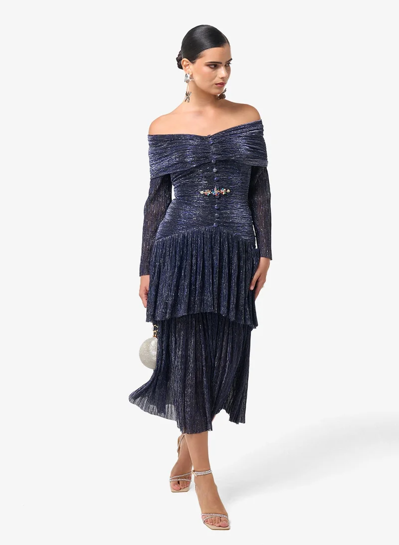 Threadz By Ajooni  Long Sleeve Ruffle Sequin Maxi Dress for Women | Best Price UAE