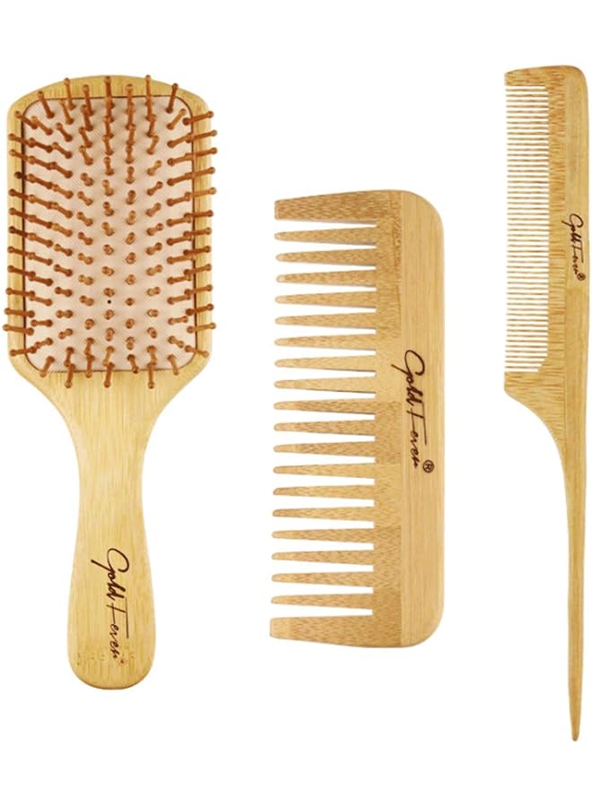 LELE Natural Bamboo Comb Set Wooden Massage Hair Brush With Wide Tooth Comb And Grooming Comb For Women Men And Kids - Reduce Frizz And Massage Scalp - Image 1