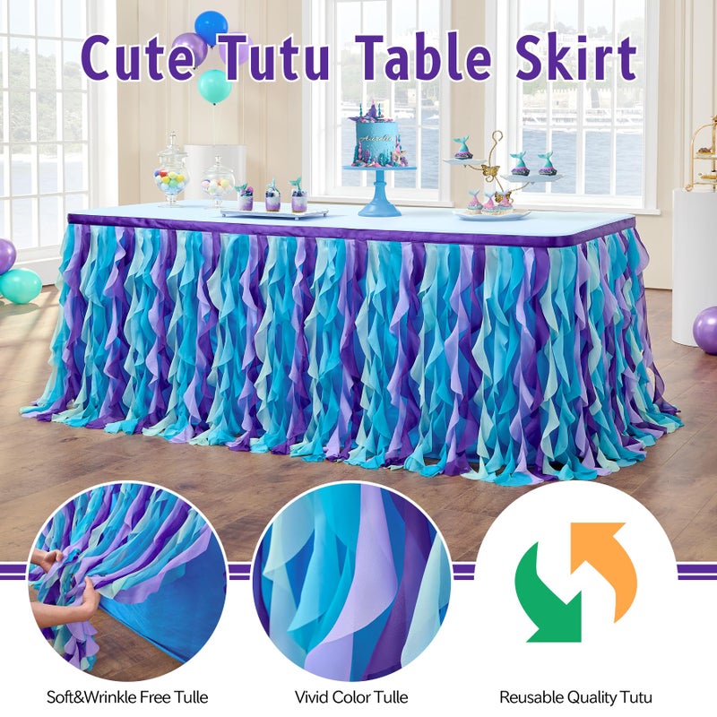 leegleri 6FT/72inch Mermaid Curly Willow Tulle Ruffle Table Skirt Rectangle Tables or Round Tables, Blue Tutu Table Skirt for Baby Shower Baby Shark Birthday Party - Image 4