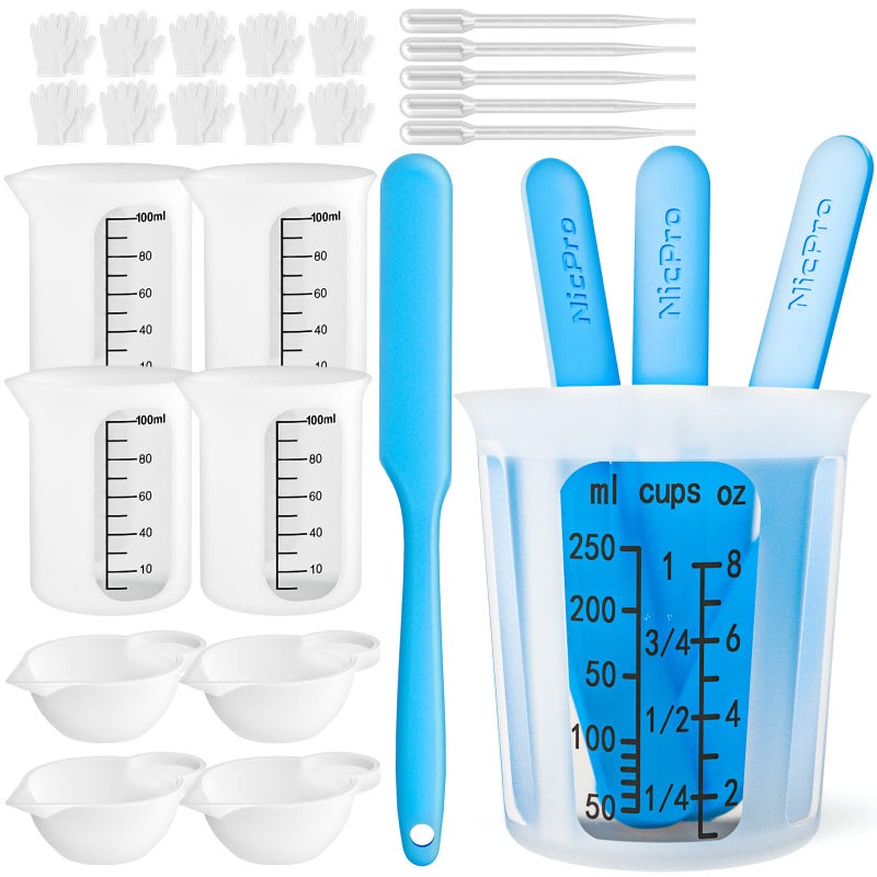 Nicpro Silicone Resin Measuring Cups Tool Kit- Nicpro 250 & 100 ml Measure Cups, Silicone Popsicle Stir Sticks & Spatula, Pipettes, Gloves for Epoxy Resin Mixing, Molds, Jewelry Making, Waxing, Easy Clean  - Image 1