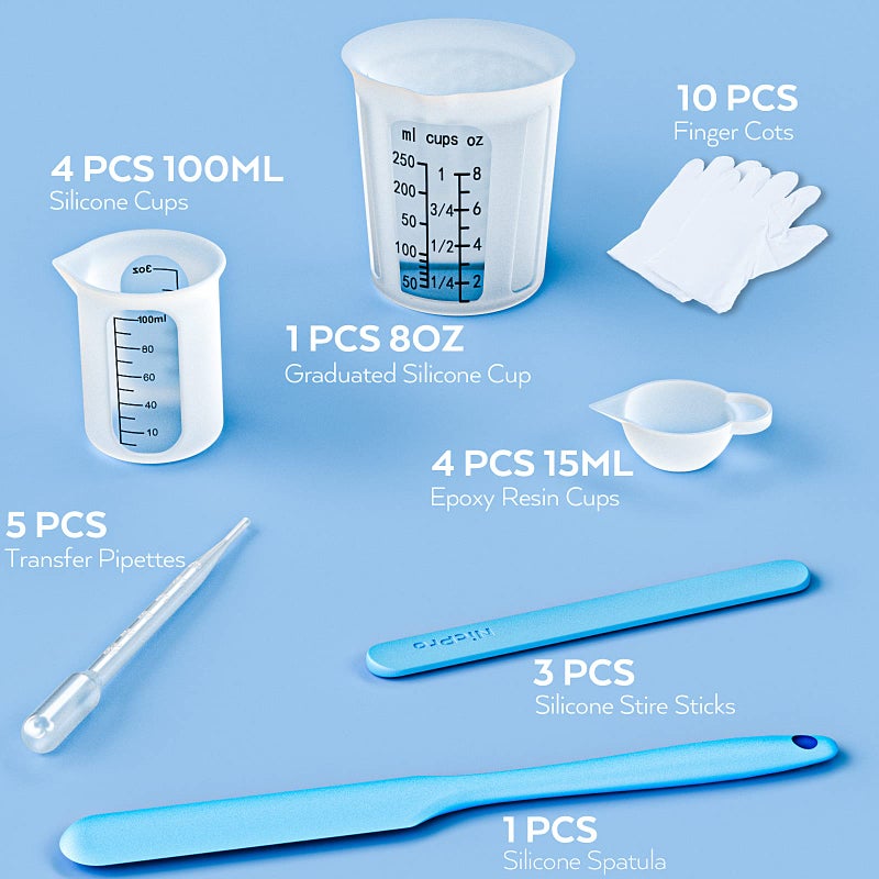 Nicpro Silicone Resin Measuring Cups Tool Kit- Nicpro 250 & 100 ml Measure Cups, Silicone Popsicle Stir Sticks & Spatula, Pipettes, Gloves for Epoxy Resin Mixing, Molds, Jewelry Making, Waxing, Easy Clean  - Image 2