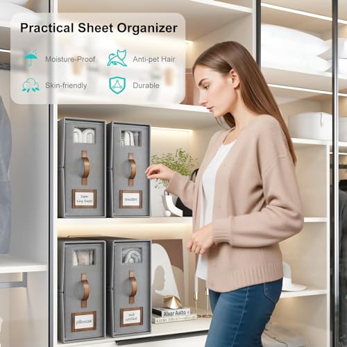 BigPonPon 4 Pack Foldable Bed Sheets Set Organizers and Storage(Cal King Size),Linen Fabric Closet Organizers with Window,Folding Bedding Storage Box for Bedsheets and Pillow Cube Organizer-Gray - Image 4