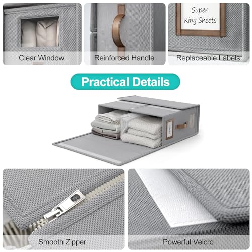 BigPonPon 4 Pack Foldable Bed Sheets Set Organizers and Storage(Cal King Size),Linen Fabric Closet Organizers with Window,Folding Bedding Storage Box for Bedsheets and Pillow Cube Organizer-Gray - Image 3