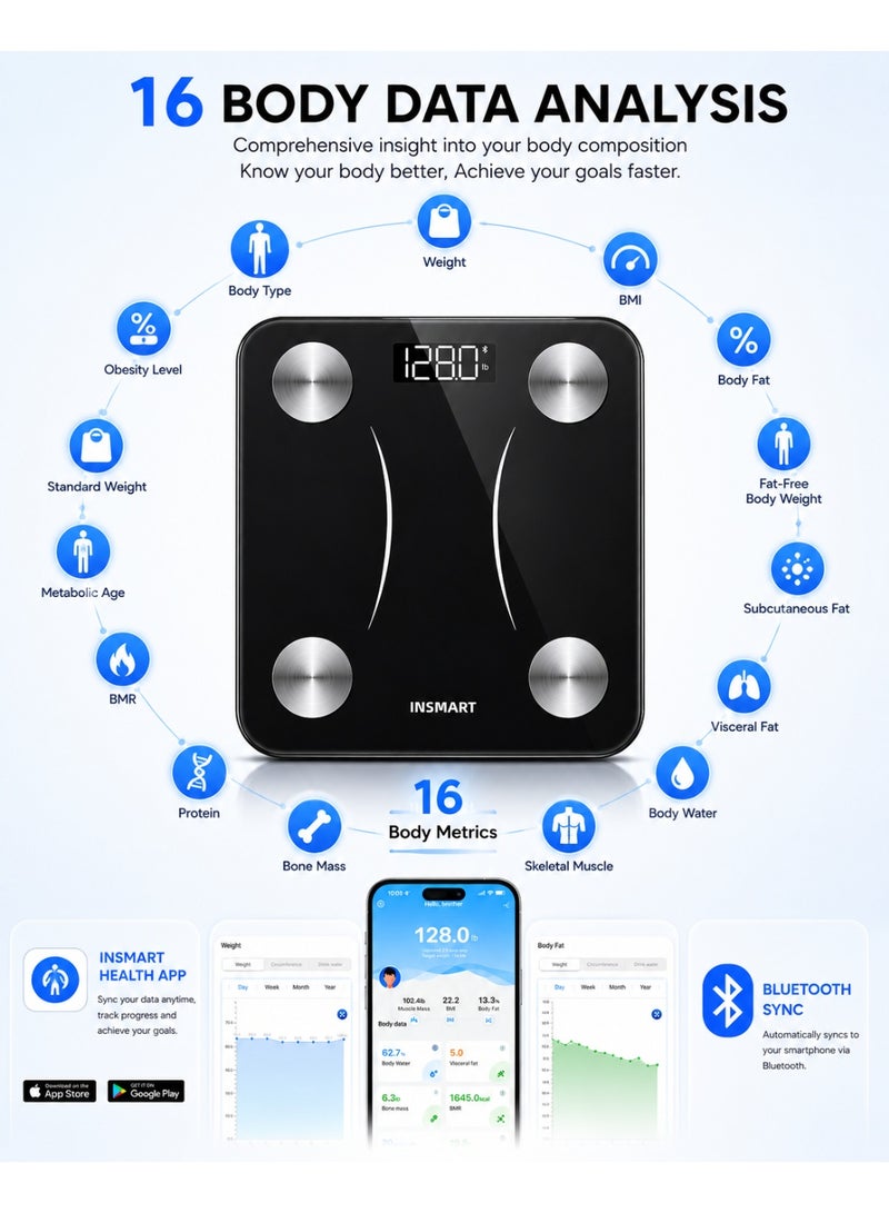 INSMART Smart Body Weight Scale – Digital Bluetooth Bathroom Scale | Body Fat Analyzer | 16 Body Composition Metrics | App Sync | LED Display | Black - Image 3