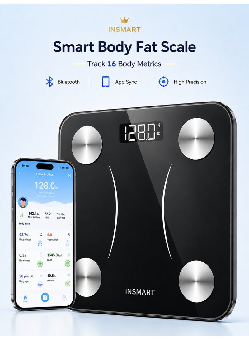 INSMART Smart Body Weight Scale – Digital Bluetooth Bathroom Scale | Body Fat Analyzer | 16 Body Composition Metrics | App Sync | LED Display | Black - Image 1