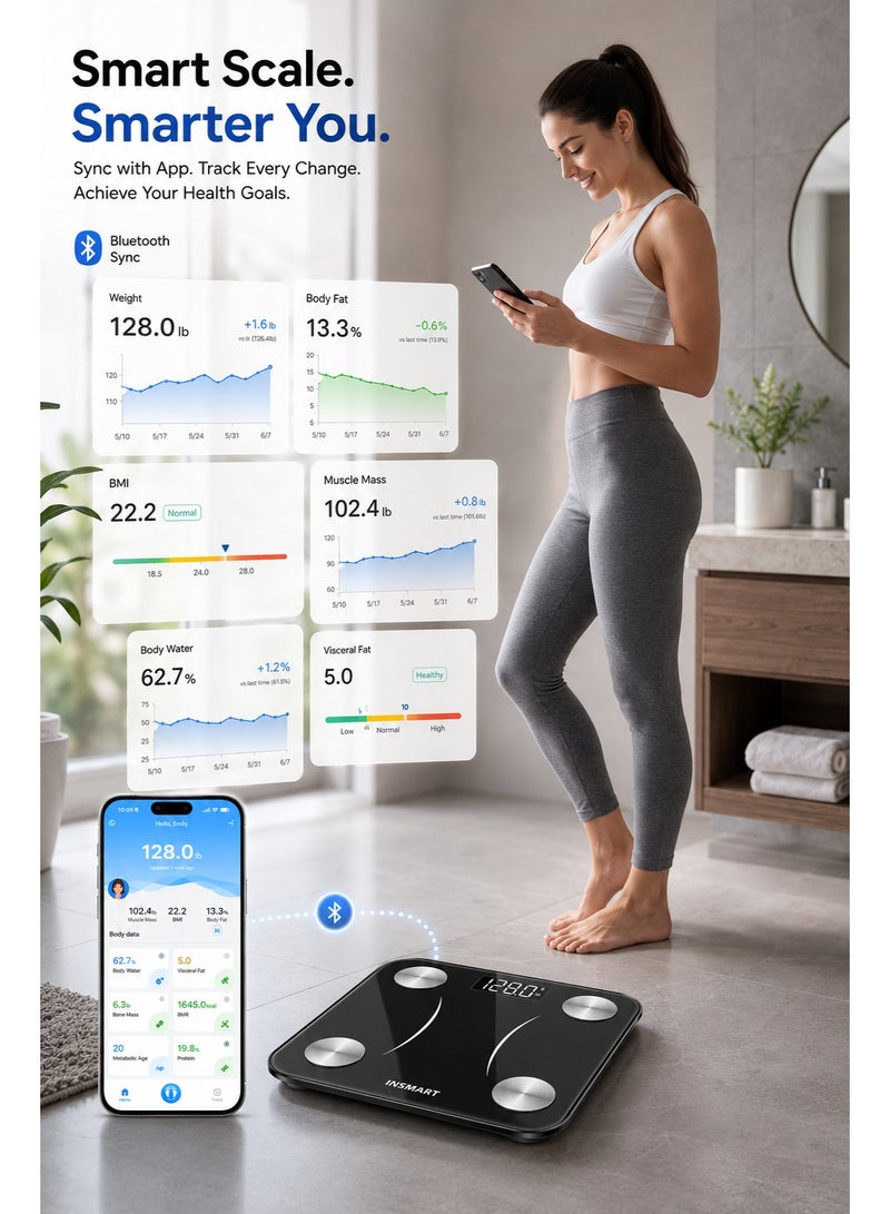 INSMART Smart Body Weight Scale – Digital Bluetooth Bathroom Scale | Body Fat Analyzer | 16 Body Composition Metrics | App Sync | LED Display | Black - Image 2