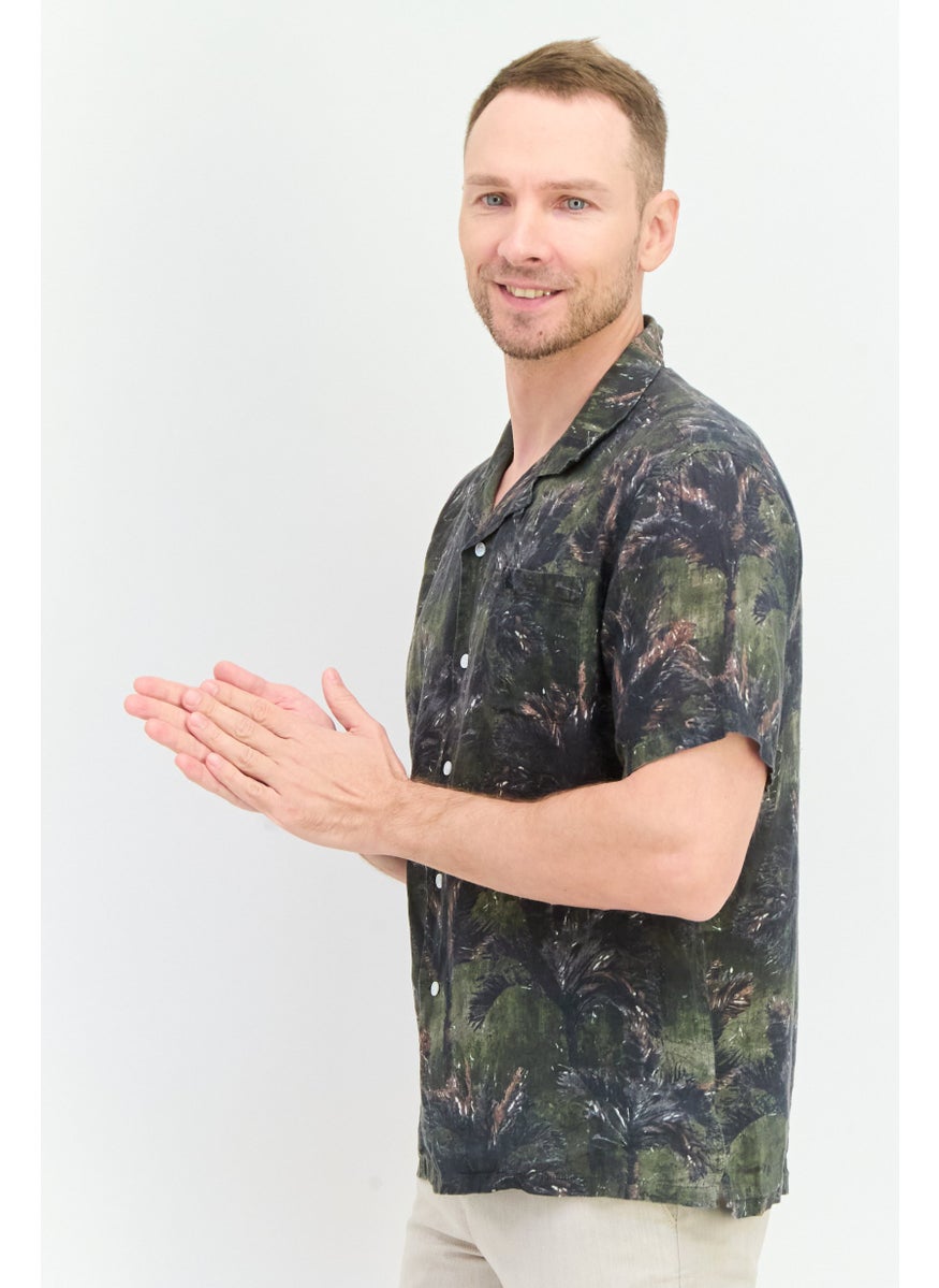 Harmont & Blaine - Men Narrow Fit Floral Print Short Sleeves Casual Shirt, Dark Olive Combo - Image 1