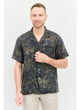 Men Narrow Fit Floral Print Short Sleeves Casual Shirt, Dark Olive Combo