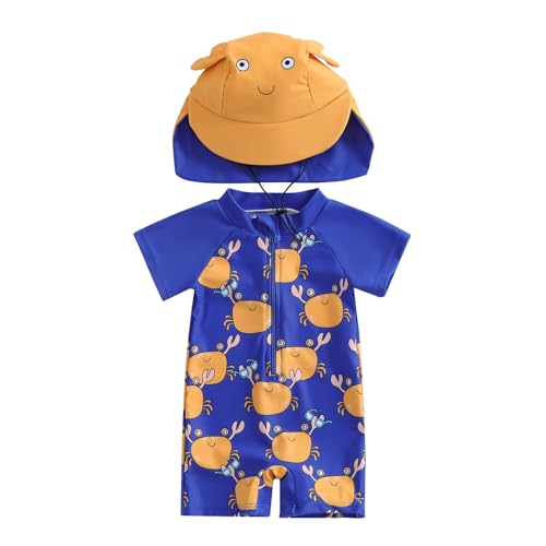 ZyHwShine Toddler Infant Baby Boy Swimsuit Newborn Rash Guard Baby Boys Girls One Piece Zipper Bathing Suit Swimwear with Hat (Crab-Blue, 3-6 Months) - Image 1