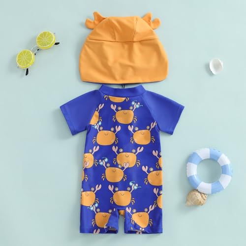 ZyHwShine Toddler Infant Baby Boy Swimsuit Newborn Rash Guard Baby Boys Girls One Piece Zipper Bathing Suit Swimwear with Hat (Crab-Blue, 3-6 Months) - Image 4