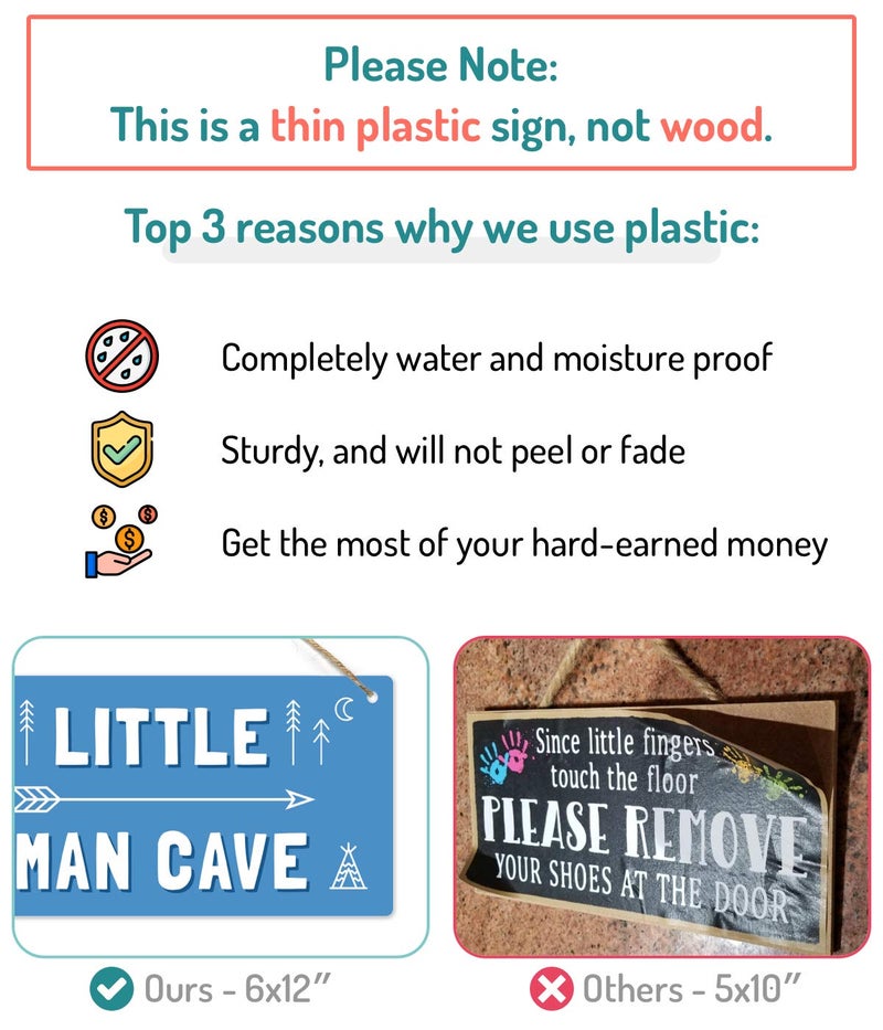 Fun-Plus Little Man Cave Sign, 12″x6″ PVC Plastic Wall Decoration Hanging Sign, High Precision Printing, Water proof, Boys Room Door Sign, Boys Only Sign, Game Room Décor - Image 3