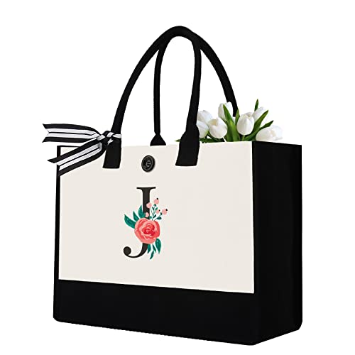 Binggemen Initial Canvas Tote Bag, Personalized Birthday Gifts for Women Mom Friends Teachers, Monogrammed Tote Bags Suitable for Mother's Day Wedding Beach (Letter J) - Image 1