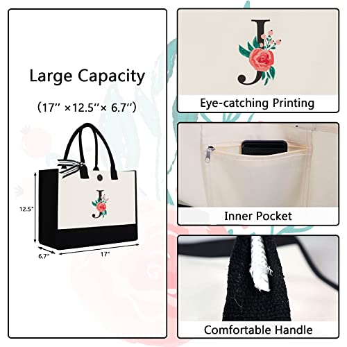 Binggemen Initial Canvas Tote Bag, Personalized Birthday Gifts for Women Mom Friends Teachers, Monogrammed Tote Bags Suitable for Mother's Day Wedding Beach (Letter J) - Image 2
